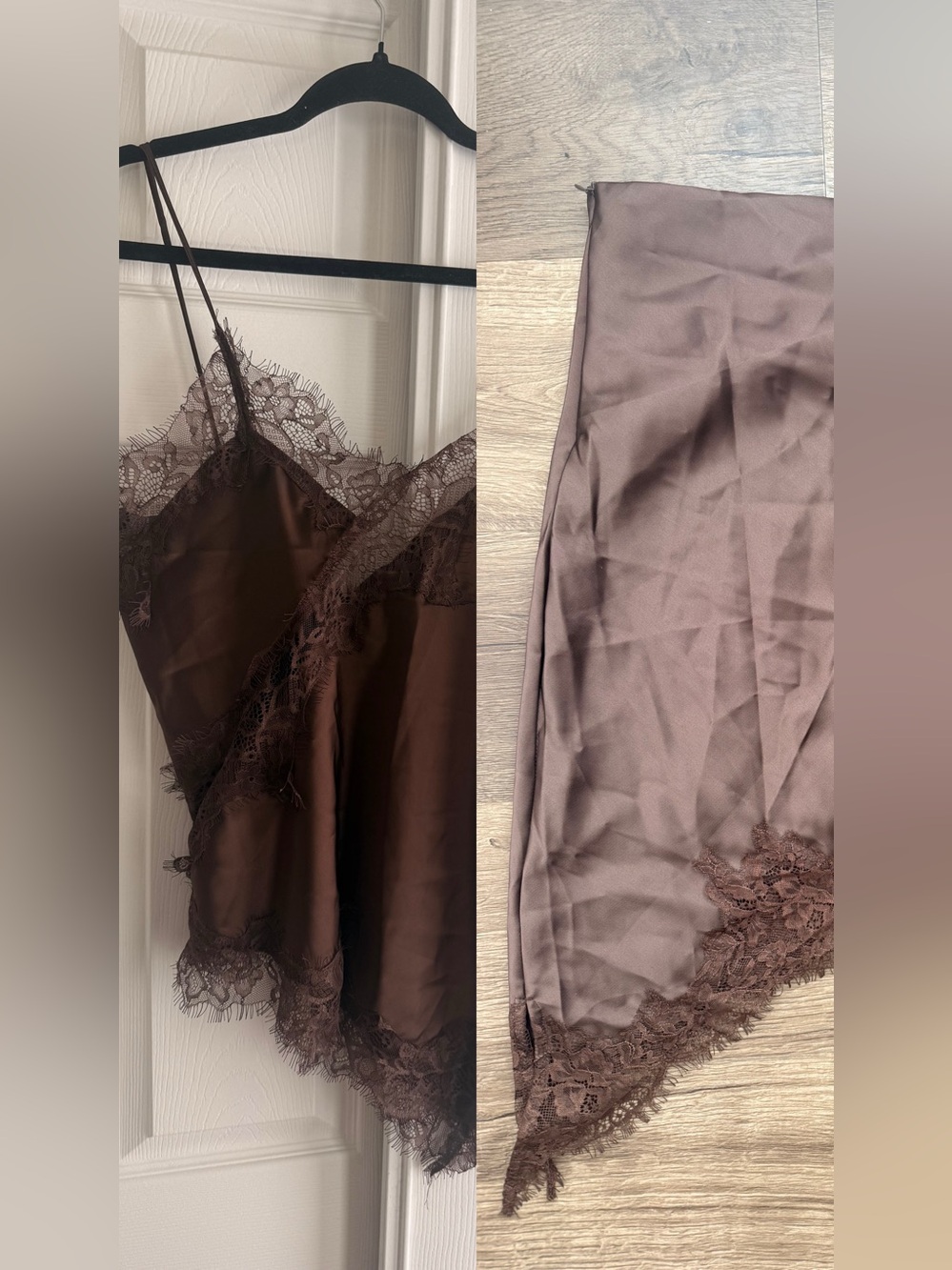 Brown Satin Lace Matching Set Cami & Asymmetrical Skirt